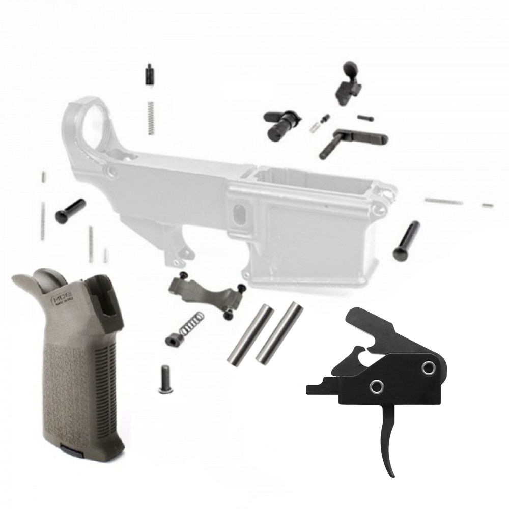 AR-10/LR-308 Lower Parts Kit with OD GREEN Magpul Grip (USA) and USA Made Drop In Trigger